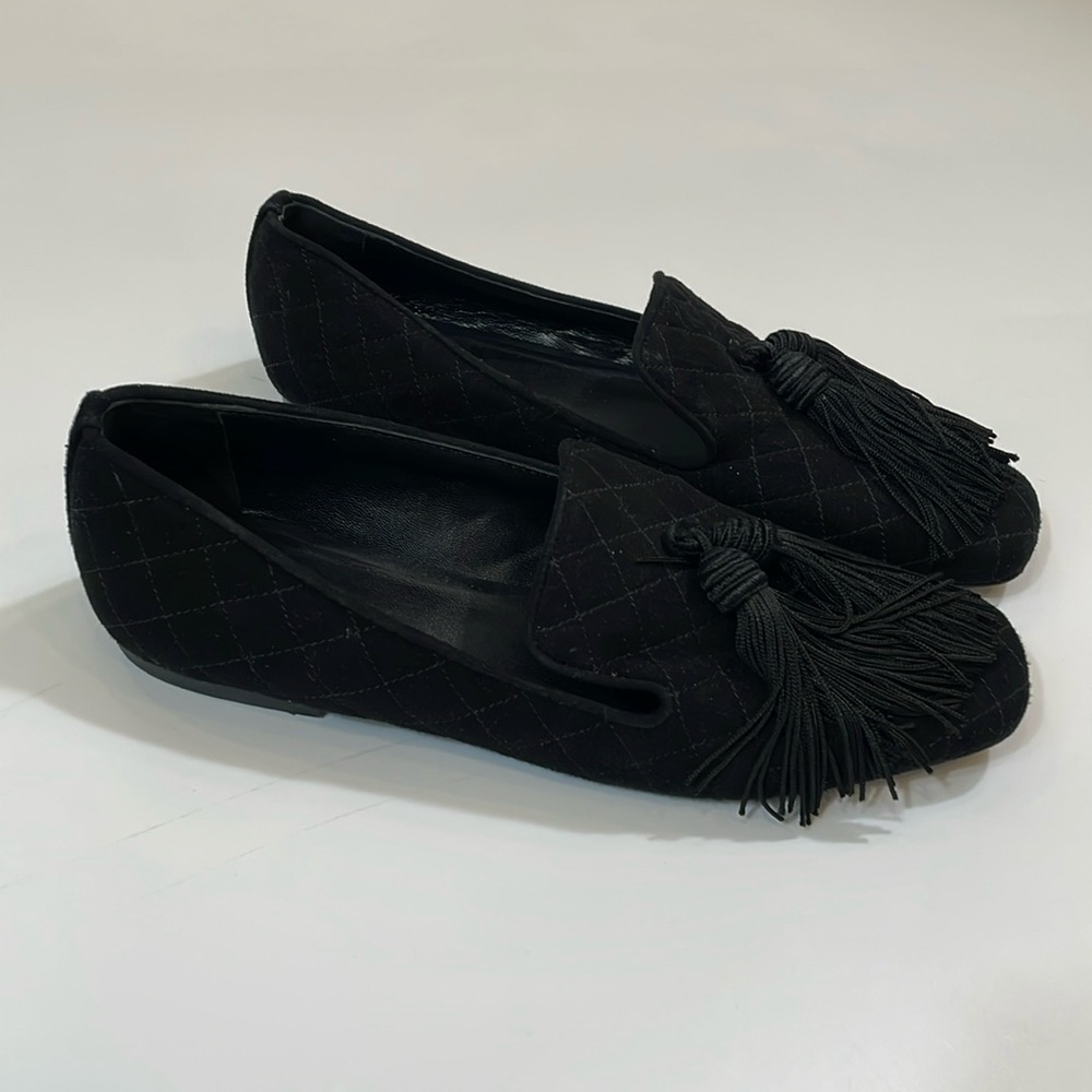 M. Gemi Loafers Flats Size 7 Black Quilted Suede Leather With Tassel EUC